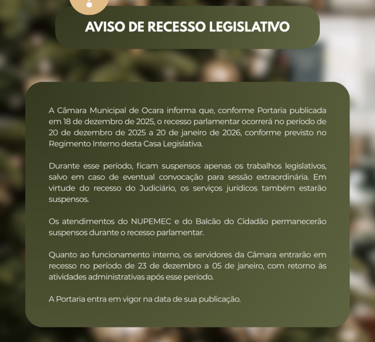 📢 AVISO DE RECESSO LEGISLATIVO